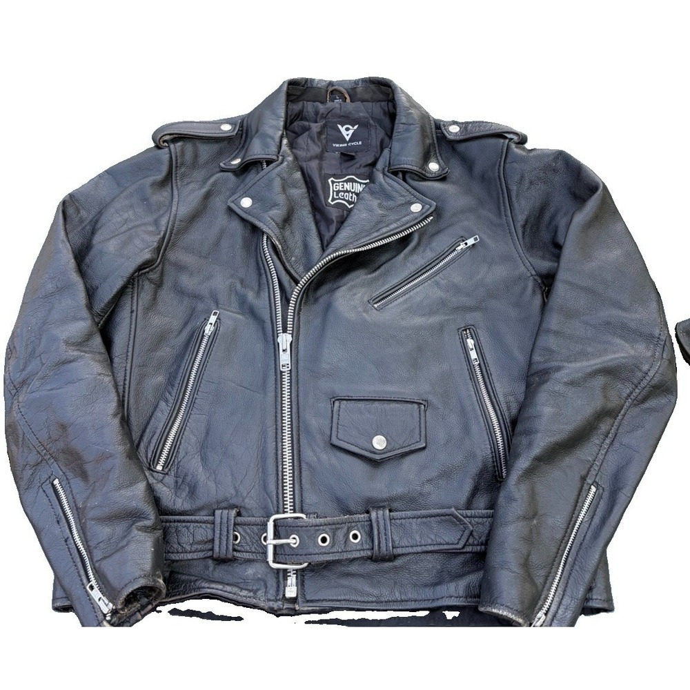 Viking Cycle Genuine Leather Motorcycle Jacket Large Black Biker Eagle YKK Belt